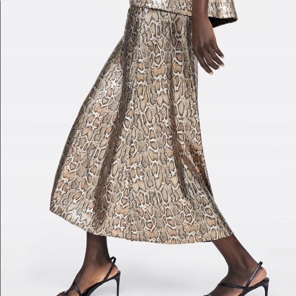 Zara Sequin Snake Print Midi A-Line Skirt Brown - image 1